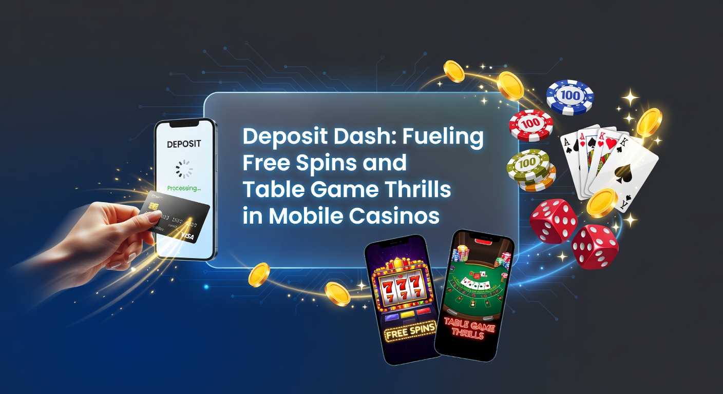 Dynamische Grafik eines Deposit Dash-Prozesses mit Free Spins, die explodieren, und Tischspielen im Hintergrund