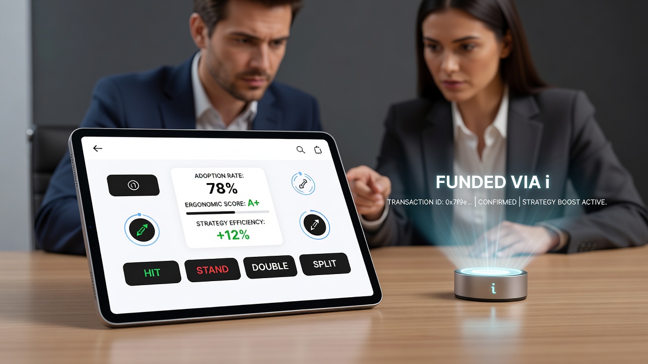 Detailansicht einer mobilen Blackjack-App mit Fokus auf Strategie-Tools und Bonus-Anzeige
